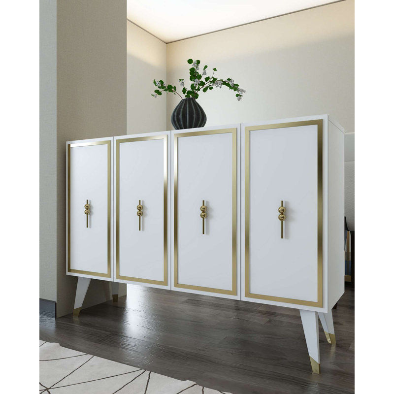 Console moderne avec option de fixation murale, blanche et dorée, 47,2 po x 31,5 po x 11,6 po | 100% panneau de particules enduit de mélamine, épaisseur: 0,7 pouce | Plusieurs tablettes, conception élégante pour la maison et le bureau