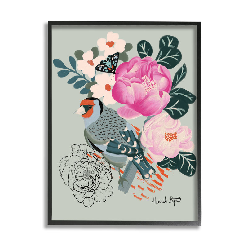 Oiseau et pivoines sur toile verte par Hannah, impression, Giclée encadrée noir minuit, H 30 po x l 24 po x P 1,5 po