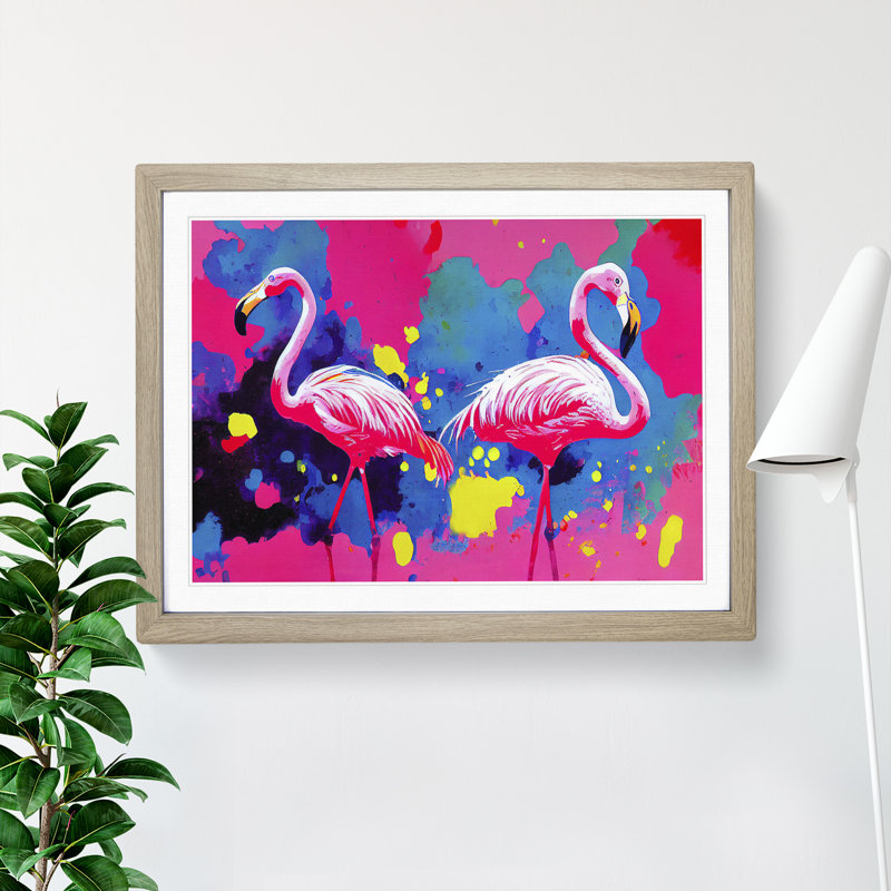 Flamingo Splash - Single Picture Frame Print, 46cm H x 64cm W x 2cm D, Oak