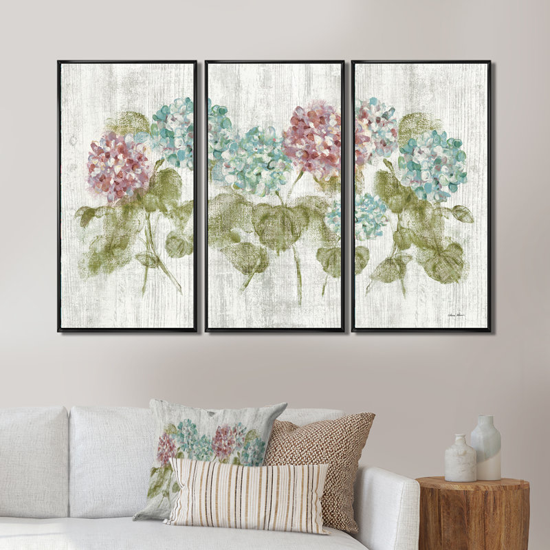 Fleurs d'hortensia rouge et bleu éclatantes - ensemble d'art mural sur toile encadré maison de campagne, Cadre noir