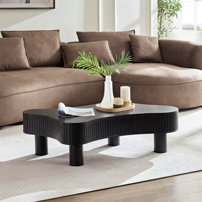 Table basse cylindrique moderne en bois de 42,52 pouces fabriquée à la main de forme irrégulière pour le salon, petite table basse avec piédestal robuste, noir
