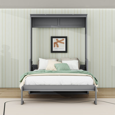 Grand lit escamotable en bois avec bureau, lumières DEL et station de charge