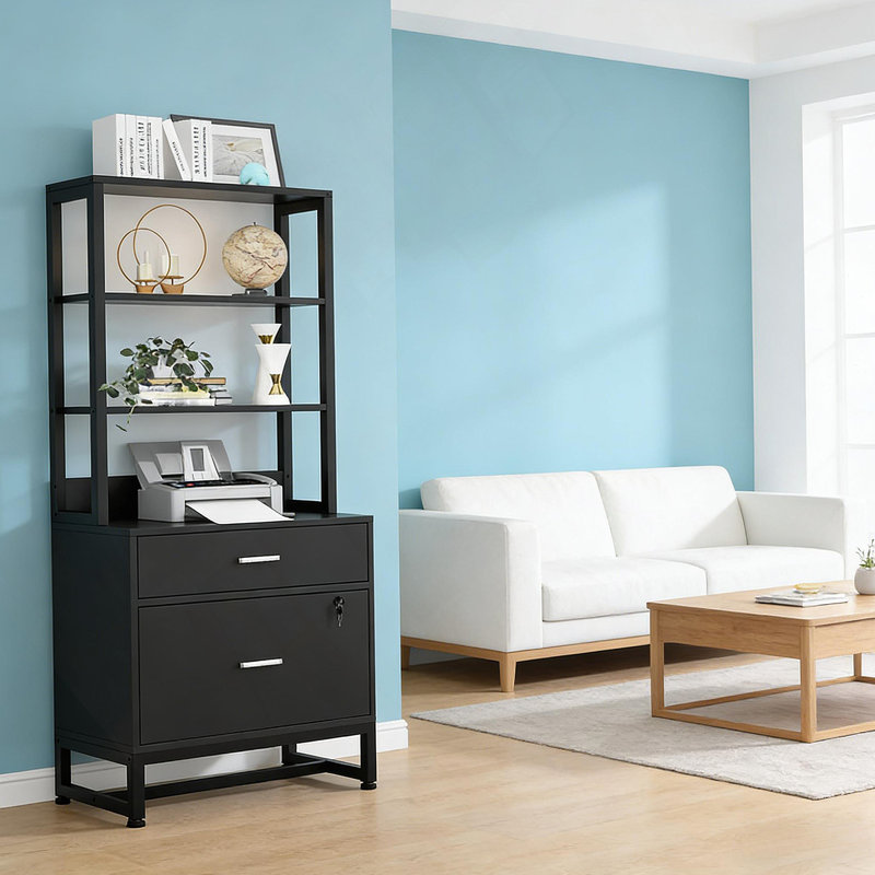 Spacious Filing Cabinet,Height File Cabinet,Stable Cabinet With Open Bookcase, Black