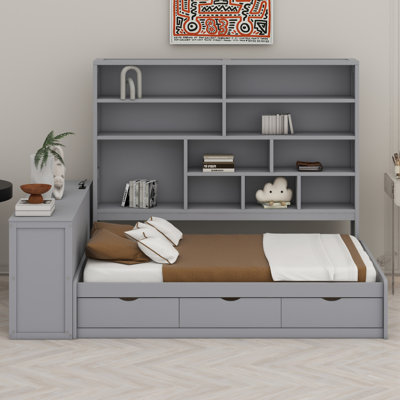 Wooden Daybed With Three Drawers ,Desk ,Shelves And Lights