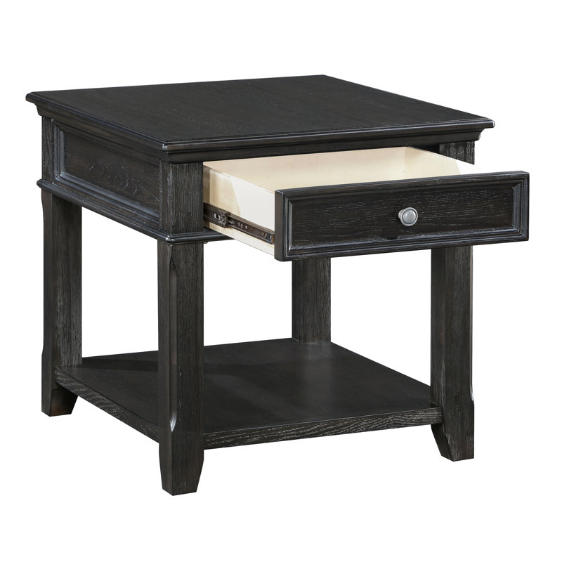 Table de bout en bois classique avec ton gris anthracite, tiroir, tablette et options de chargement