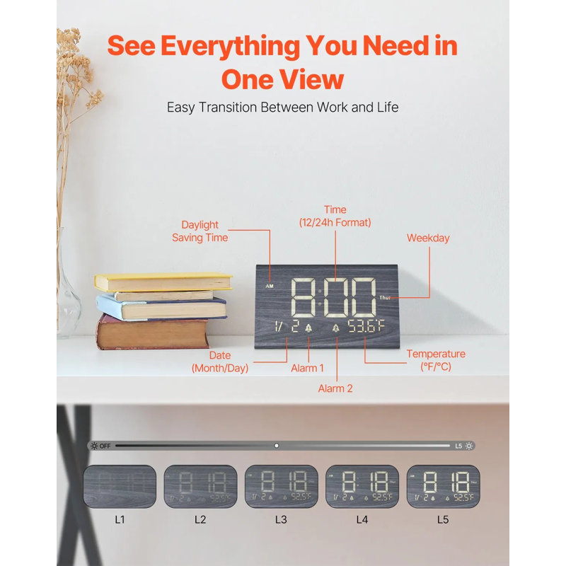 Digital Alarm Clock, Wooden Desk Clock With Dual Alarm, Usb Port, Snooze, Night Light, Voice Control, Adjustable Volume, Bedside Charging Clock For Bedroom, Kitchen, Office, Black