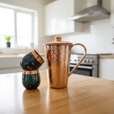 Ambiente 3-Piece Pure Copper Pitcher Set – Hammered Water Pitcher with Copper Tumblers for Drinking, Handcrafted Artisan Design