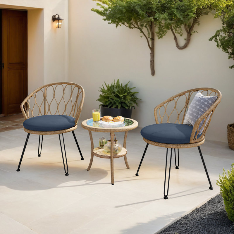 Ensemble de conversation d'extérieur en rotin avec coussins 3 pièces, Naturel, Bleu