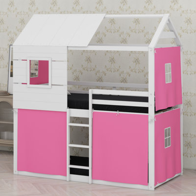 Solid Wood Playhouse House Floor Bunk Bed With Windows,Tent,Ladders, Guardrail And Roof