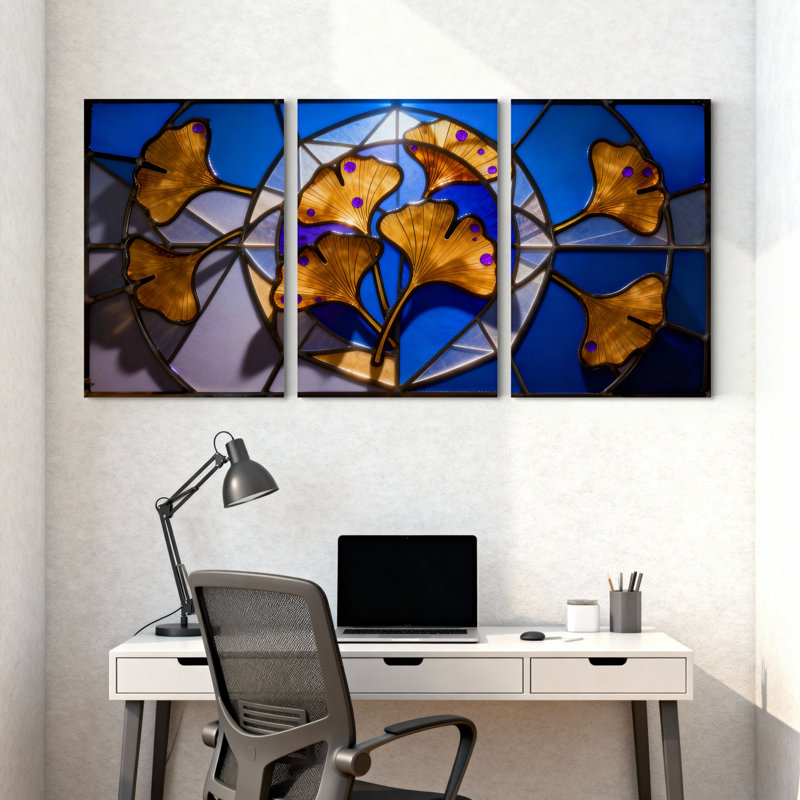 Tableau sur toile à motif de feuilles de ginkgo en vitrail (paquet de 3), H 30 po x l 60 po