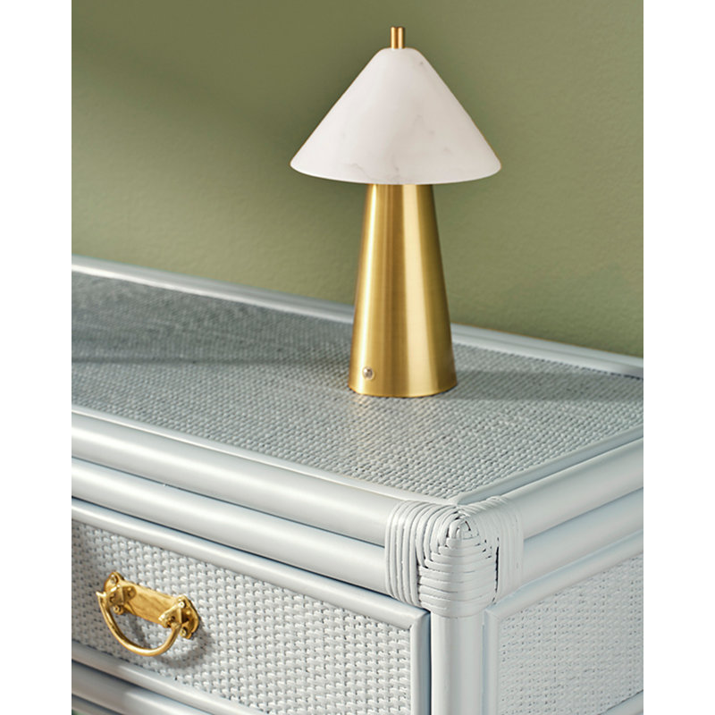 Console à deux tiroirs avec dossier en rotin décoratif, Bleu