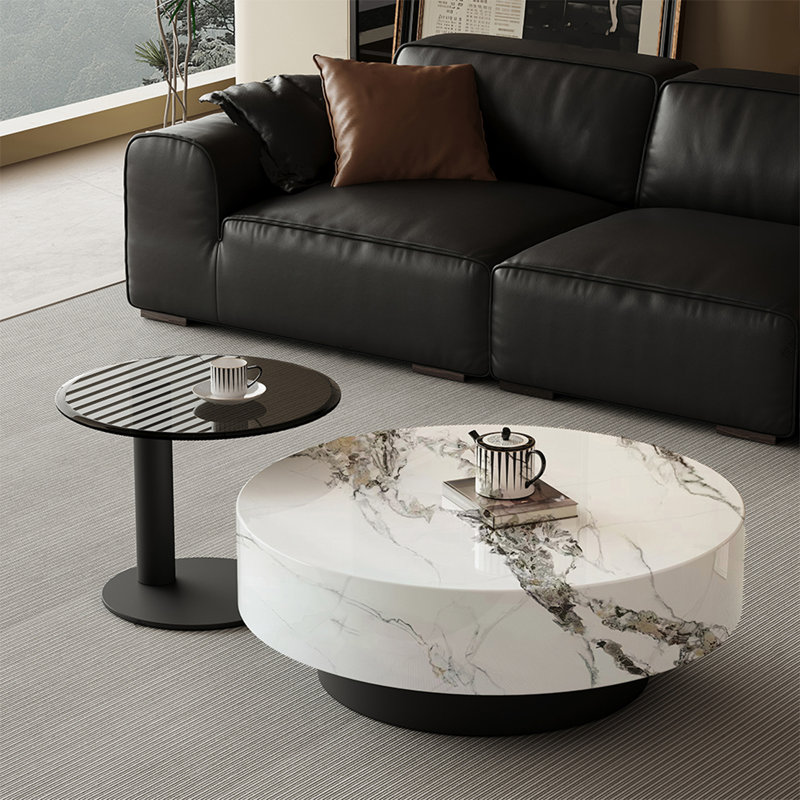 Table basse moderne simple ronde en marbre, Blanc / Gris, H 13,8 po x L 47,2 po x l 47,2 po