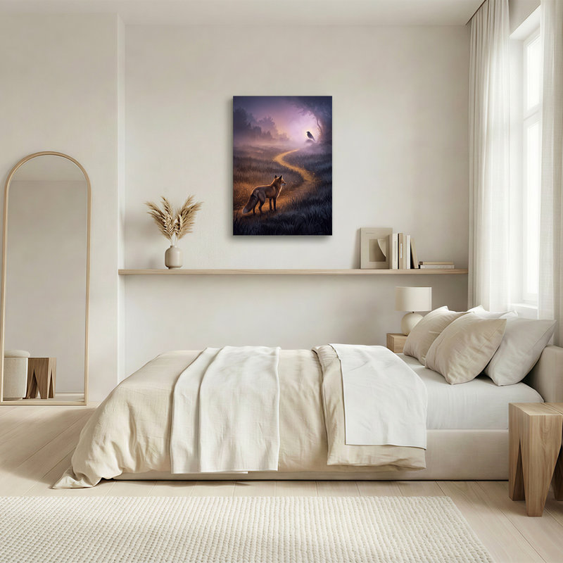 Art sur toile, renard debout sur un sentier brumeux, 40"H x 28"W