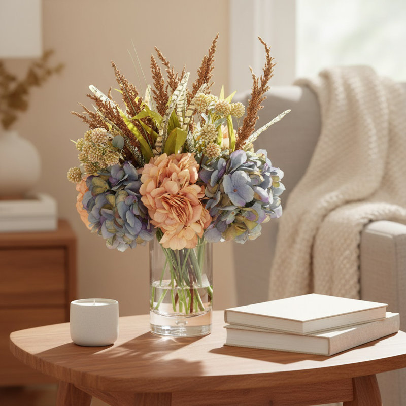 Fall Centerpiece with Hydrangeas and Heather in Glass Vase
