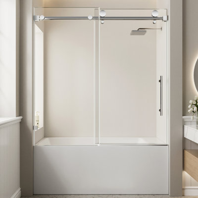Porte de douche coulissante à largeur réglable de 56 à 60 po, verre trempé transparent de 8 mm à 5/16 po, film résistant à la corrosion, acier inoxydable H, l, installation réversible, imperméable pour salle de bain moderne
