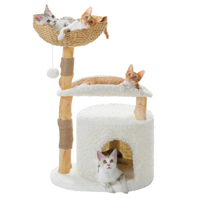 38 Cat Tree for Large CatsNatural Wood Cat Tower with Large Wicker Basket