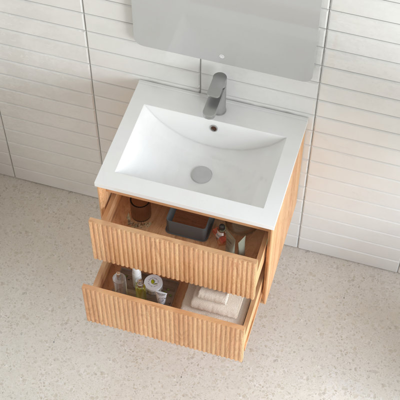 Meuble-lavabo mural 24 po avec 2 tiroirs de rangement ouverts en bois massif, conception intégrée, couleur noyer, profondeur 22,92 po, largeur 18,03 po, profondeur 19,7 po
