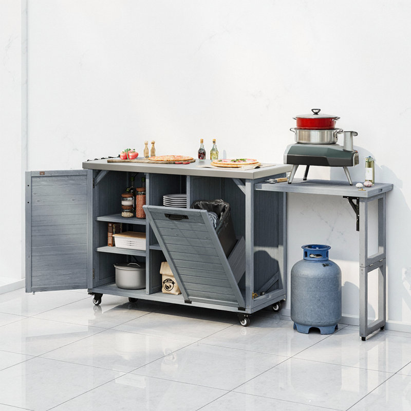 Îlot de table pliable de 78 po avec rangement pour poubelles, plateau et roulettes en acier inoxydable, bois de sapin massif, bleu gris