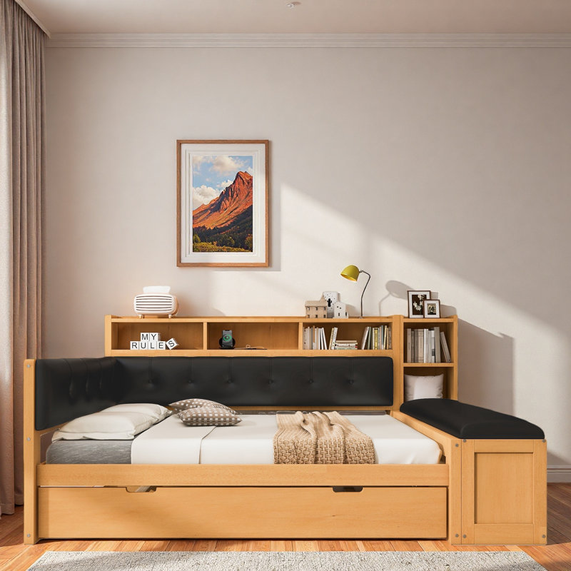 Comfortable Daybed With Trundle, Storage Shelves, Bench, Charging Station And Upholstered Headboard, Black/Natural