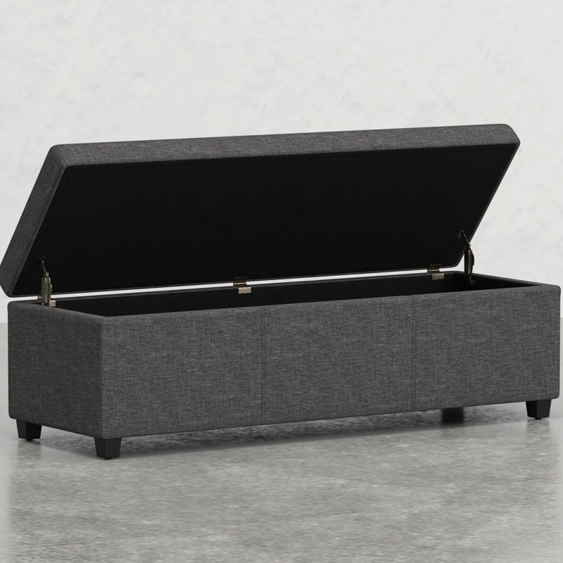 Grand banc rembourré en lin gris ardoise pour le rangement, coutures décoratives, fait à la main, charnière, peut être placé dans la chambre à coucher, fonctionne comme tabouret de pieds, 53,15 po de rangement avec rangement contemporain