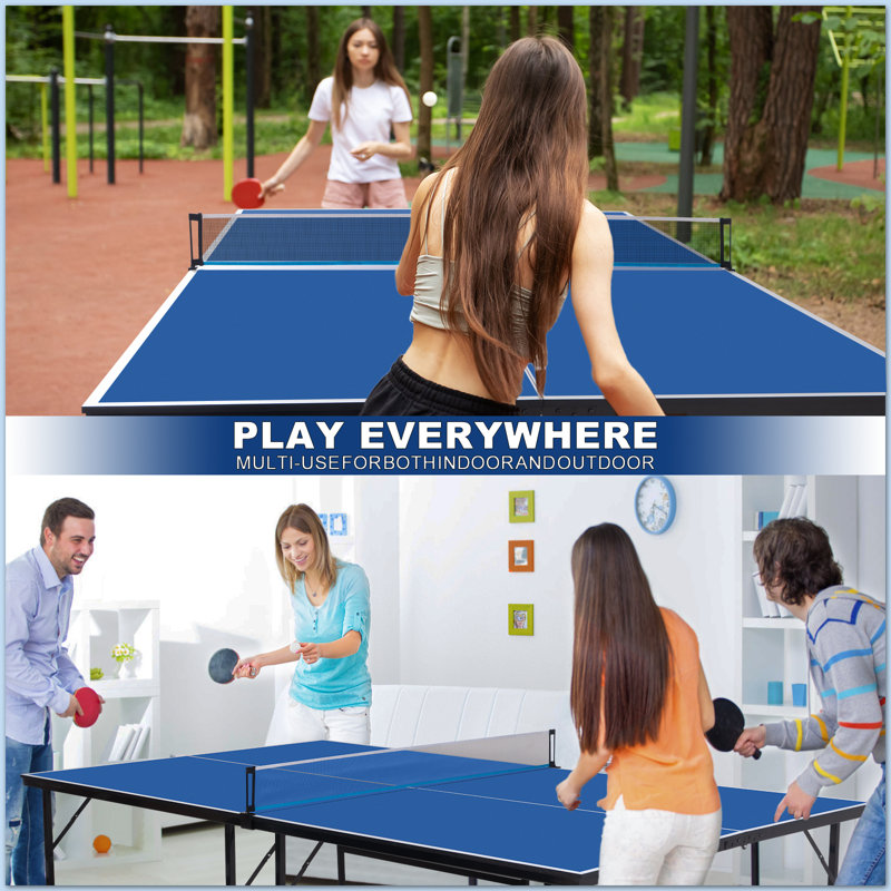 9' Ping Pong Table Set for Outdoor and Indoor, Foldable Table Tennis Table With Net, 2 Paddles, 2 Balls