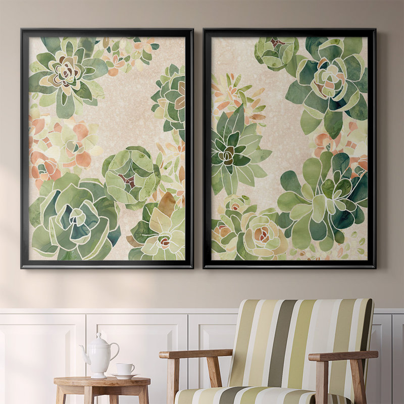 Vitrail Succulents I - ensemble de 2 reproductions d'art sur toile encadrées, H 41,25 po x l 61 po x P 1,25 po, Noir