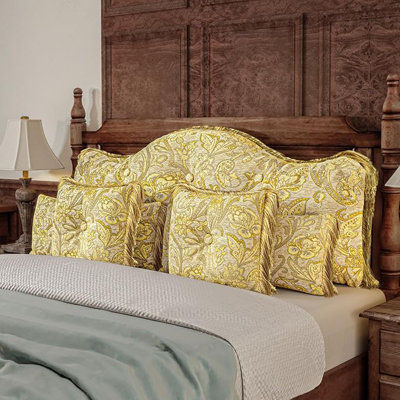 Sit-up Back Comfort Upholstered Button Tufted Headboard Set 3-Piece Chenille Luxury Printed Wall Panels Lumbar Backrest Support Bed Pillow Headboards with 2 Tassels Decorative Throw Pillows Compression