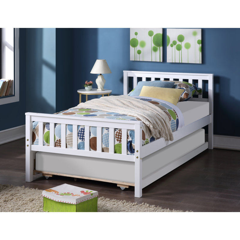 Lit simple avec lit gigogne, cadre de lit plateforme avec tête et pied de lit, Blanc