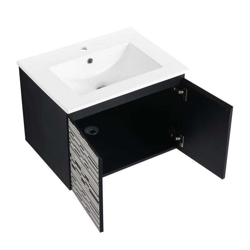 Meuble-lavabo de salle de bain avec lavabo en céramique et porte à fermeture en douceur. Fixé au mur 24 po. Moderne. Contreplaqué. Noir Améliore le rangement et le style moderne. Grace