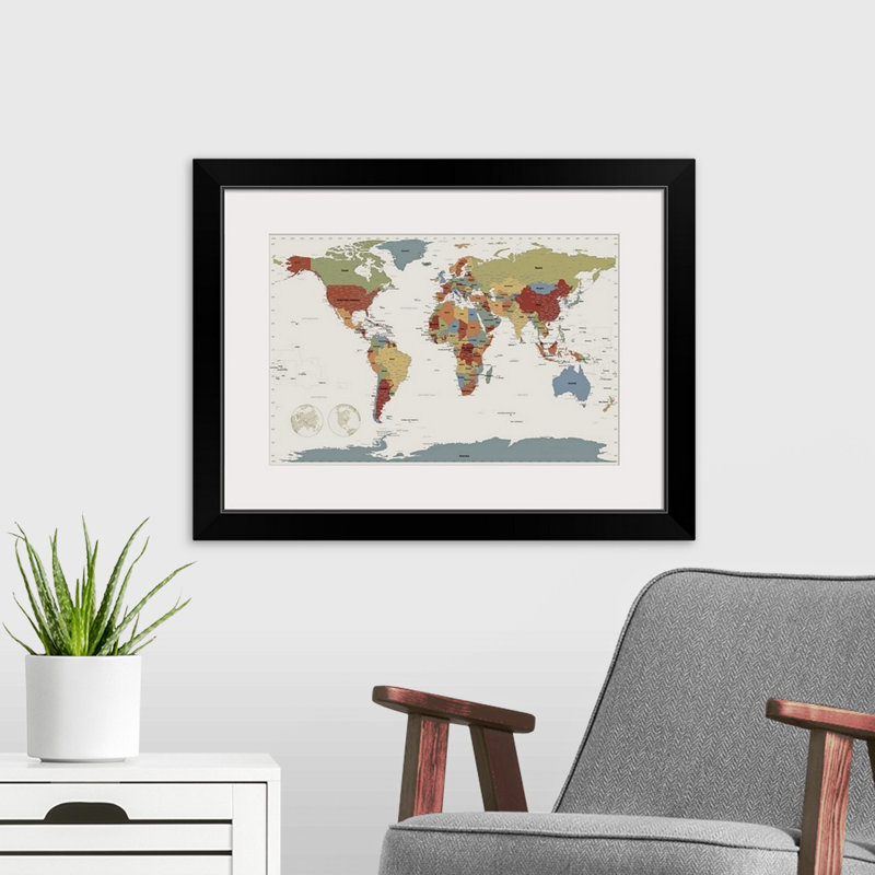 «World Map», impression par Michael Tompsett, H 20 po x l 26 po x P 1 po, Cadre noir