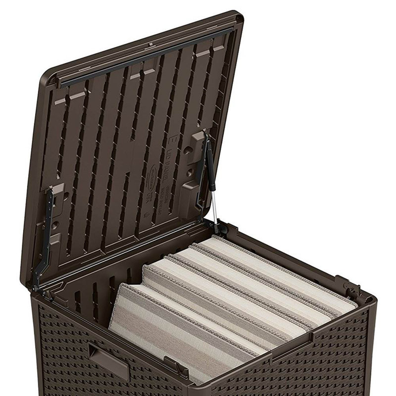 Suncast 60 Gallon Resin Wicker Design Cube Shape Storage Deck Box, Java