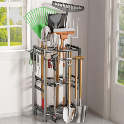 Garden Tool Organizer Storage Metal Yard Tool Organizer Heavy Duty Garden Tool Rack Stand With Extra Hooks, Up To 35 Long Handled Shovels/Rakes/Brooms Holder For Garage,Shed,Outdoor