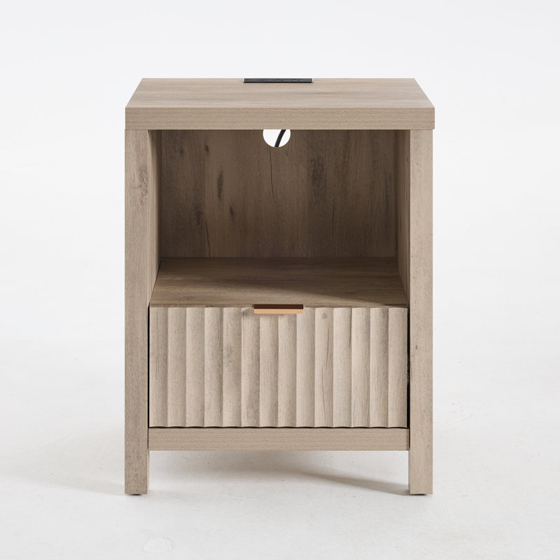 Arrilla 25'' Tall 1- Drawer Nightstand with Built-In Outlets, Greige Oak