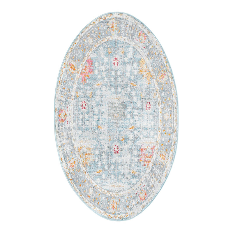 Tapis bleu à motif floral Haefner, Ovale 3 pi 3 po x 5 pi 3 po