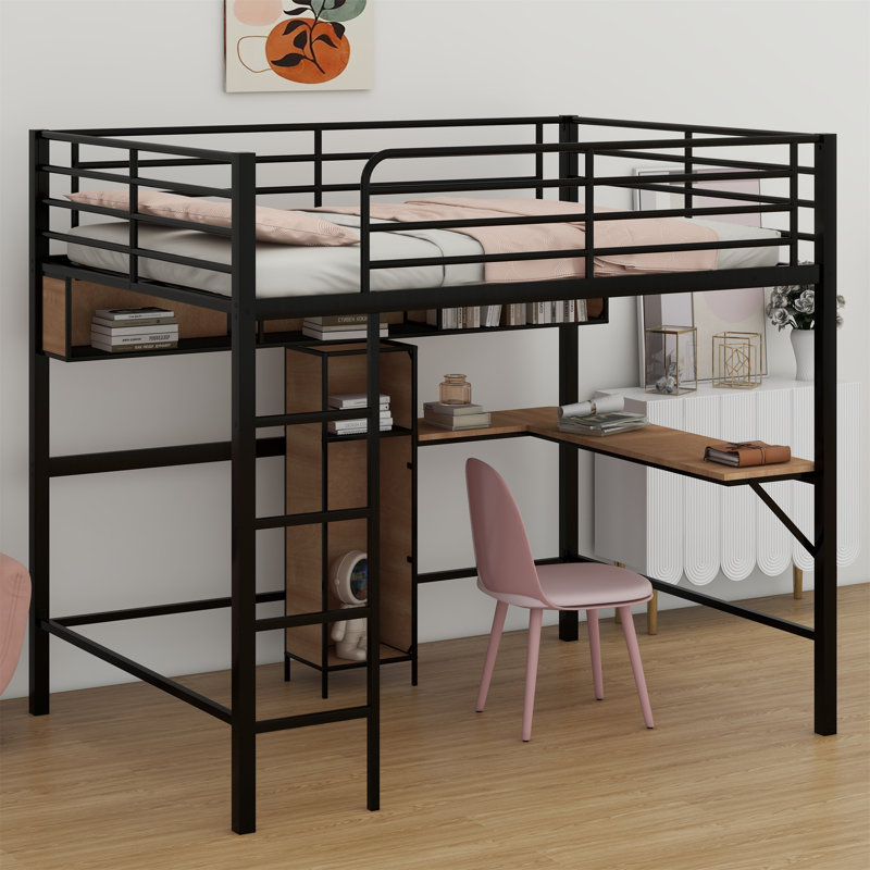 Lit mezzanine avec bureau en L et tablettes
