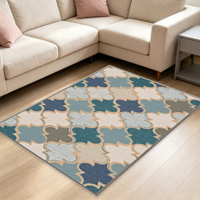 Blue Quatrefoil Tile   area rugs for Living Room, Soft and Comfortable, Suitable for all seasons, easy to maintain, machine washable Indoor floor mat, Under Table Farmhouse suitable for Bedroom, Dining Room, Study,  Balcony, Home Decor Patio