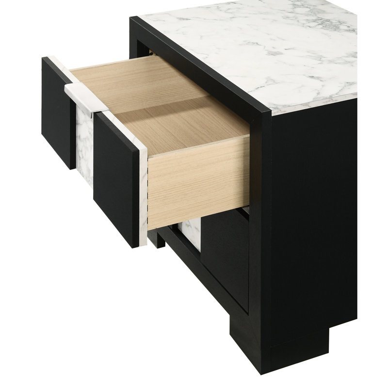 Table de chevet contemporaine à deux tiroirs - Chambre à coucher en bois massif au fini noir et blanc, Noir blanc