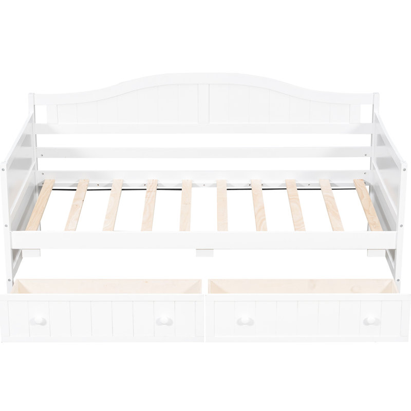 Lit de jour simple en bois blanc, 2 tiroirs pour l'organisation de la chambre à coucher, fabrication en pin, pas de sommier tapissier, idéal pour tout intérieur, conception de chalet traditionnelle, espace de rangement supplémentaire pour la structure, haute qualité
