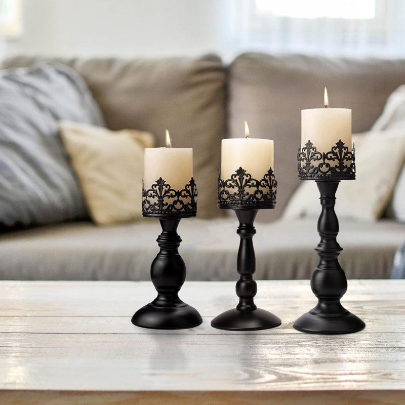 Ensemble de porte-bougies vintage pour centre de table de 3 à 11 po 9 po 8 po - Support de bougie en métal noir mat