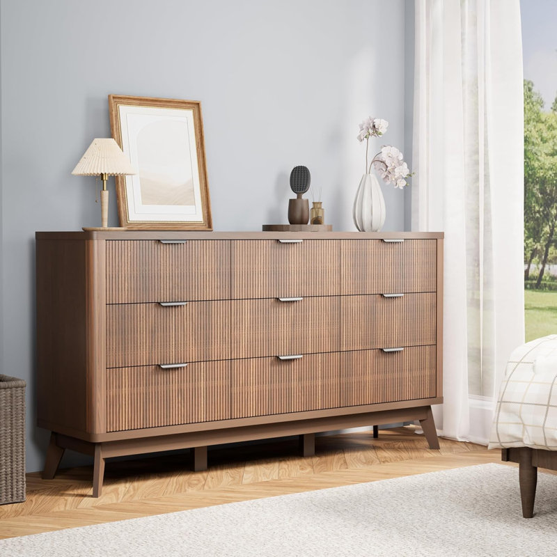 Fluted 9-Drawer Dresser 59'' Wide Wood Chest With Metal Handle, Brown, Brown