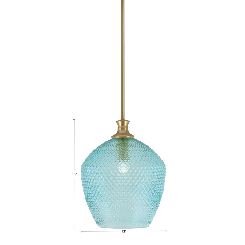Luminaire suspendu Quapaw avec verre texturé turquoise de 12 po, Laiton New Age
