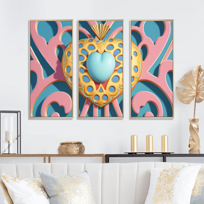 Contemporary Pastel Blue Radiating Heart I - 3 pièces, reproduction sur toile tendue