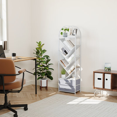 Bibliothèque à 6 niveaux avec 2 tiroirs en tissu, grande bibliothèque industrielle étroite, tablette de rangement compacte pour la chambre à coucher, le salon et le bureau personnel
