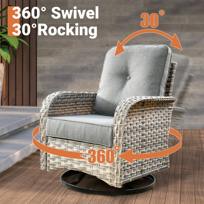Emroy 6 - Person Outdoor Wicker Sectional Seating Group with Lighted Coffee Table and Swivel Chairs, All Weather Modular Rattan Conversation Set with Cushions