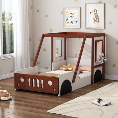 Lit voiture simple Fun Play Design, lit plateforme en forme de voiture pour adolescents, blanc et orange