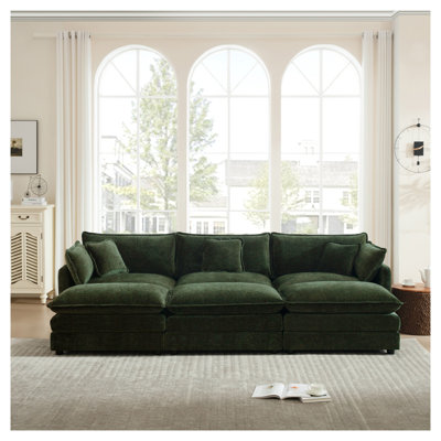 Canapé modulaire en U vert modulaire réversible à 3 places avec repose-pieds et coussins Green Chenille