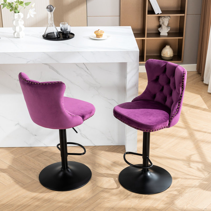Velours, mauve, siège réglable de 25 à 33 pouces de hauteur, base de 17,7 po, rivets faits à la main et martelés, 2 de velours mauve confortable pour pub de cuisine, boutons stables tirés à la main, 2, Sw1812pp