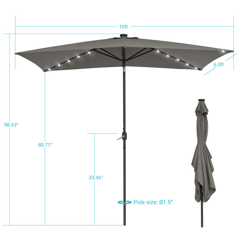 10' x 6.5' Rectangular Lighted Market Umbrella with Crank Lift, Gray