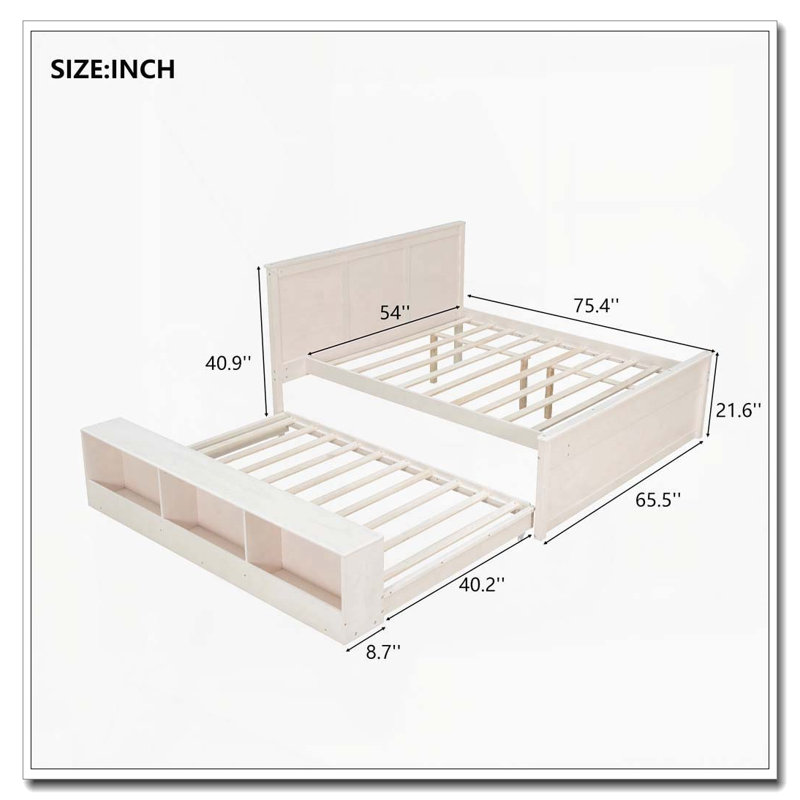 Lit plateforme en bois avec lit gigogne escamotable, armoire de rangement, Lit double, Blanc, crème