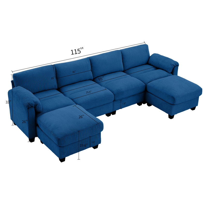 Canapé modulaire en U avec repose-pieds en velours côtelé 6 pièces, Velours côtelé bleu marine